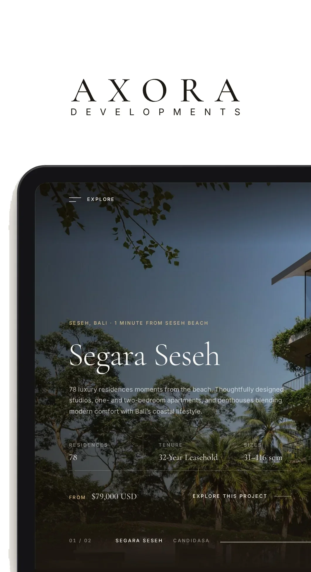 The Axora concept on a tablet: the Segara Seseh residence beside its render.