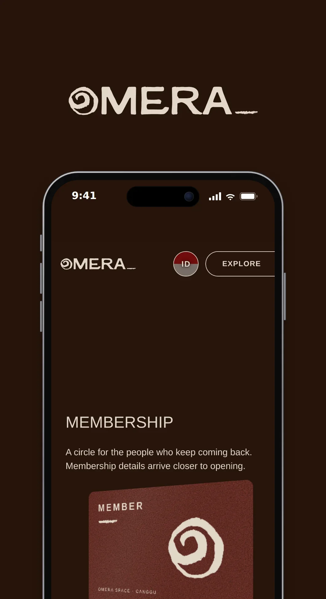 The Omera Space community page on a phone: the membership card turning.